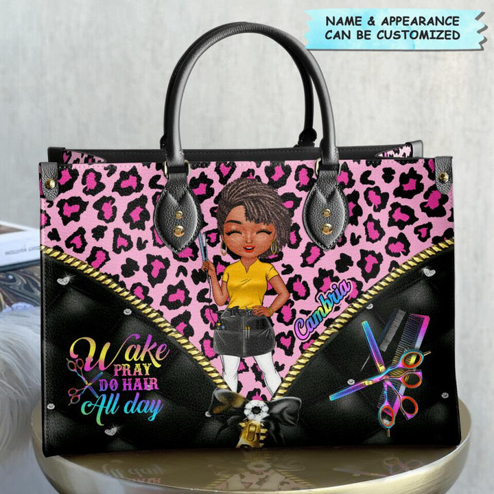 Personalized Leather Bag - Gift For Hairstylist - Wake Pray Do Hair All Day