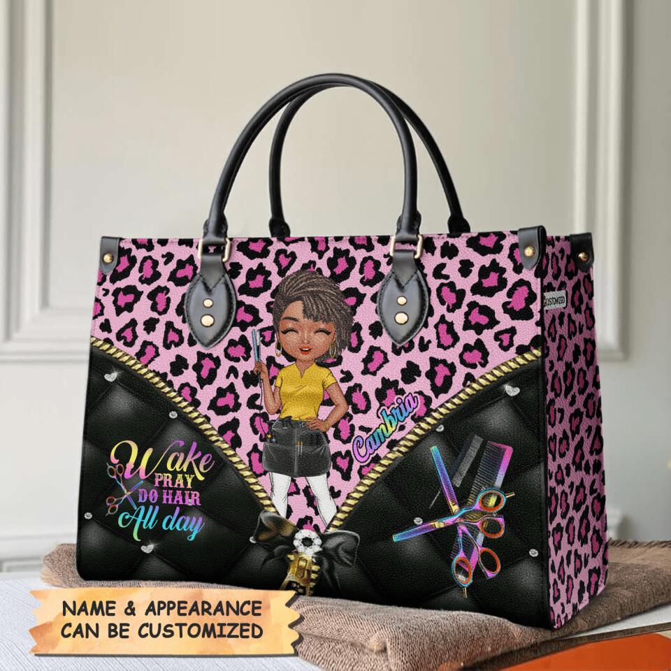 Personalized Leather Bag - Gift For Hairstylist - Wake Pray Do Hair All Day
