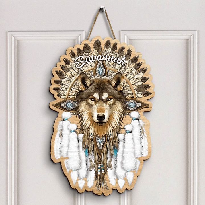 Personalized Door Sign - Gift For Native American - Native Wolf