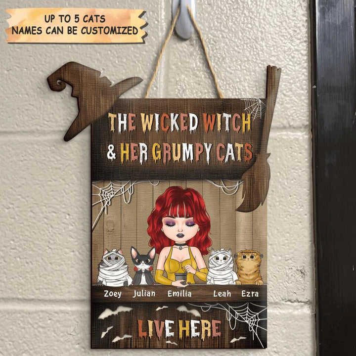 Personalized Door Sign - Gift For Cat Lover - The Wicked Witch And Her Grumpy Cats