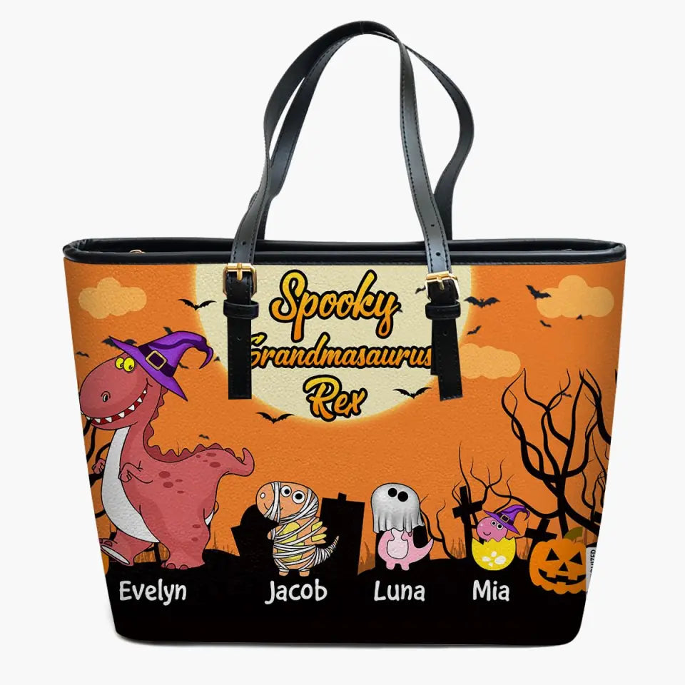 Personalized Leather Bucket Bag - Gift For Grandma - Spooky Saurus Rex