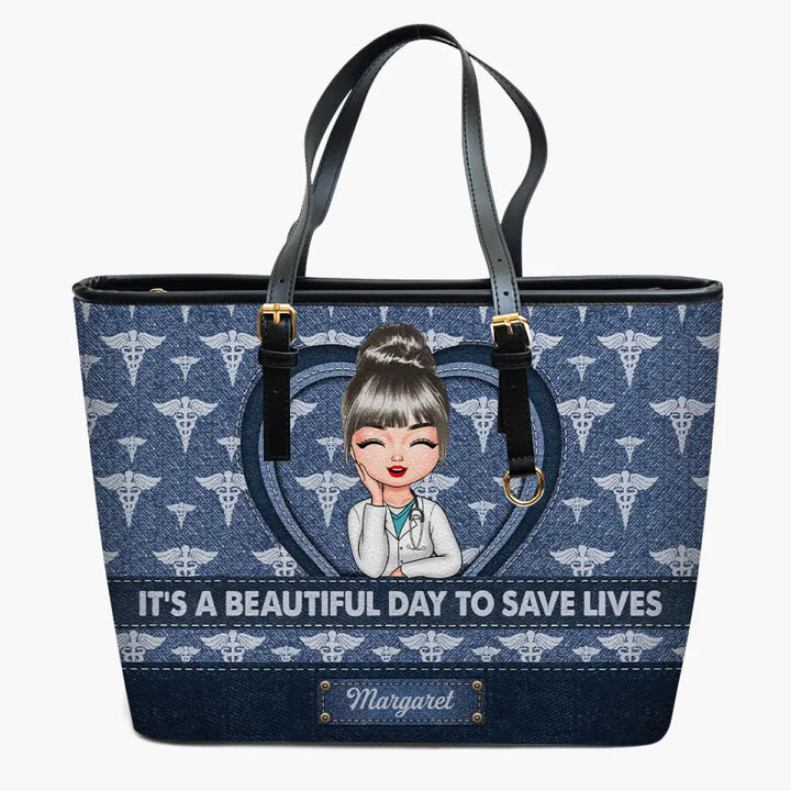 Personalized Leather Bucket Bag - Gift For Nurse - It's A Beautiful Day To Save Lives ARND018