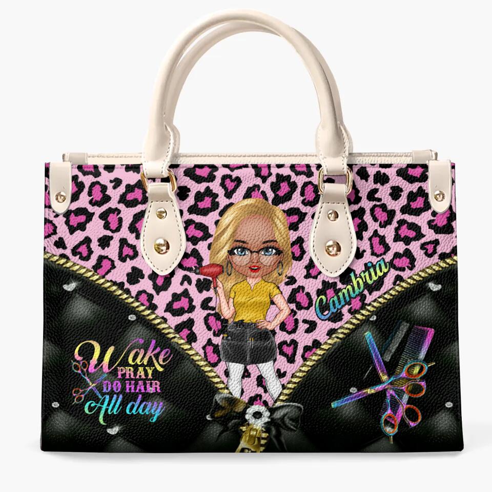 Personalized Leather Bag - Gift For Hairstylist - Wake Pray Do Hair All Day