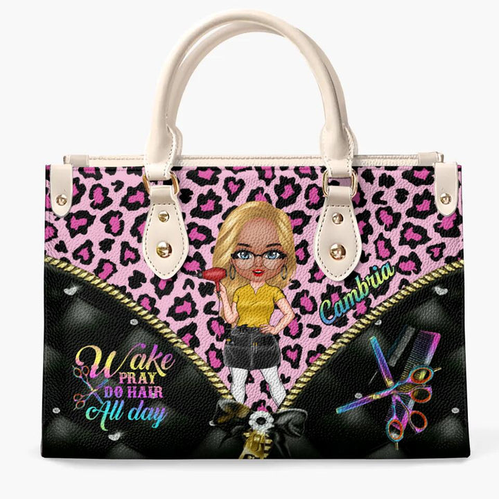 Personalized Leather Bag - Gift For Hairstylist - Wake Pray Do Hair All Day