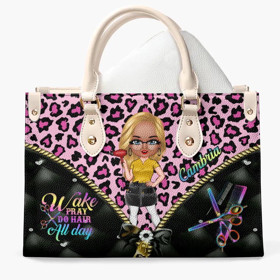 Personalized Leather Bag - Gift For Hairstylist - Wake Pray Do Hair All Day