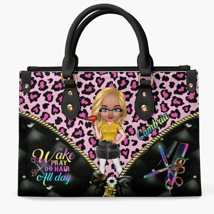 Personalized Leather Bag - Gift For Hairstylist - Wake Pray Do Hair All Day