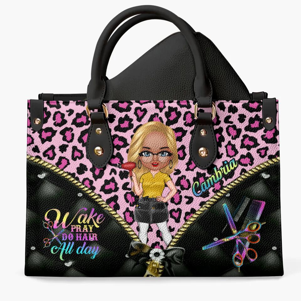 Personalized Leather Bag - Gift For Hairstylist - Wake Pray Do Hair All Day