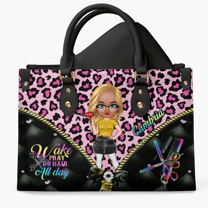 Personalized Leather Bag - Gift For Hairstylist - Wake Pray Do Hair All Day