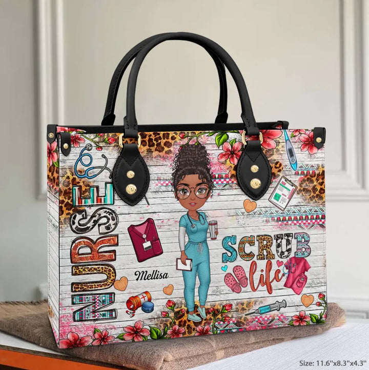 Personalized Leather Bag - Gift For Nurse - Coffee Scrubs & Rubber Gloves ARND0014