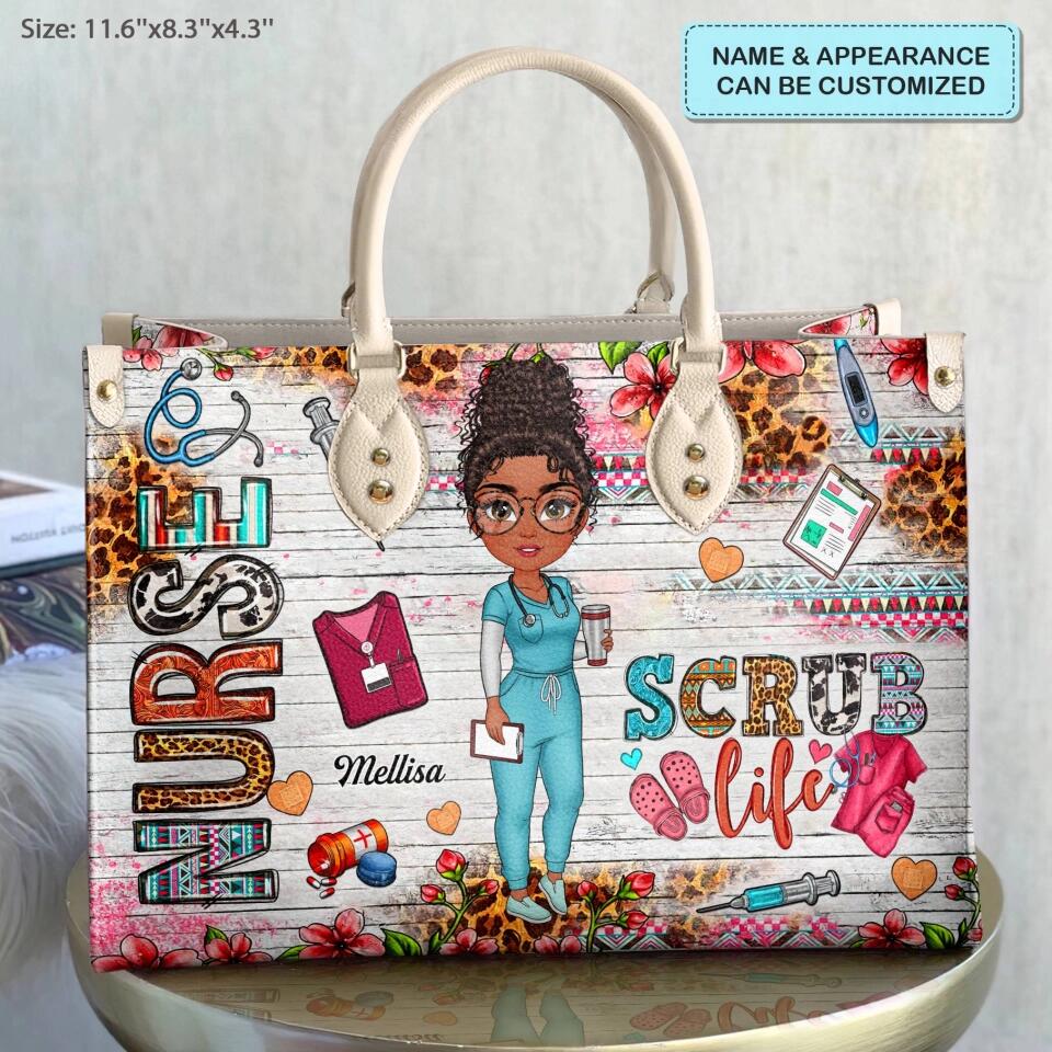 Personalized Leather Bag - Gift For Nurse - Coffee Scrubs & Rubber Gloves ARND0014