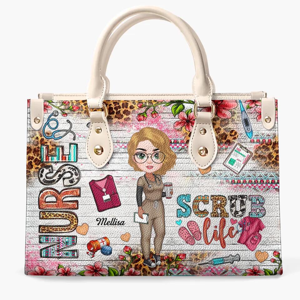 Personalized Leather Bag - Gift For Nurse - Coffee Scrubs & Rubber Gloves ARND0014