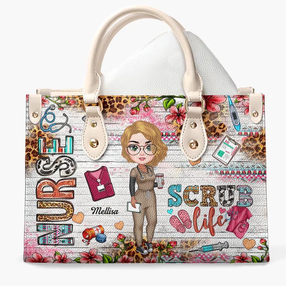 Personalized Leather Bag - Gift For Nurse - Coffee Scrubs & Rubber Gloves ARND0014