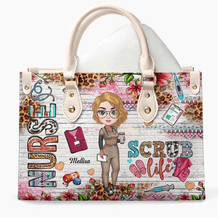 Personalized Leather Bag - Gift For Nurse - Coffee Scrubs & Rubber Gloves ARND0014