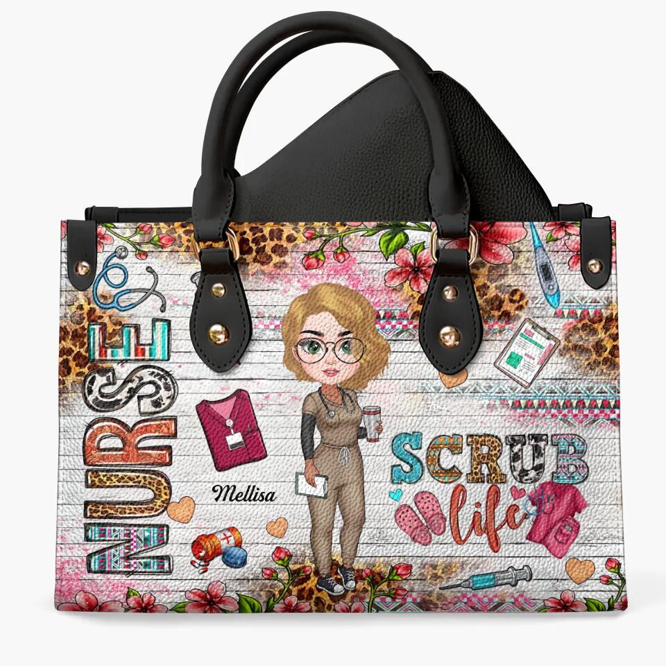 Personalized Leather Bag - Gift For Nurse - Coffee Scrubs & Rubber Gloves ARND0014