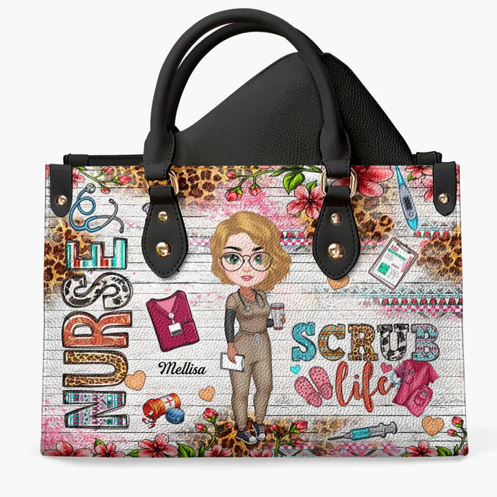Personalized Leather Bag - Gift For Nurse - Coffee Scrubs & Rubber Gloves ARND0014