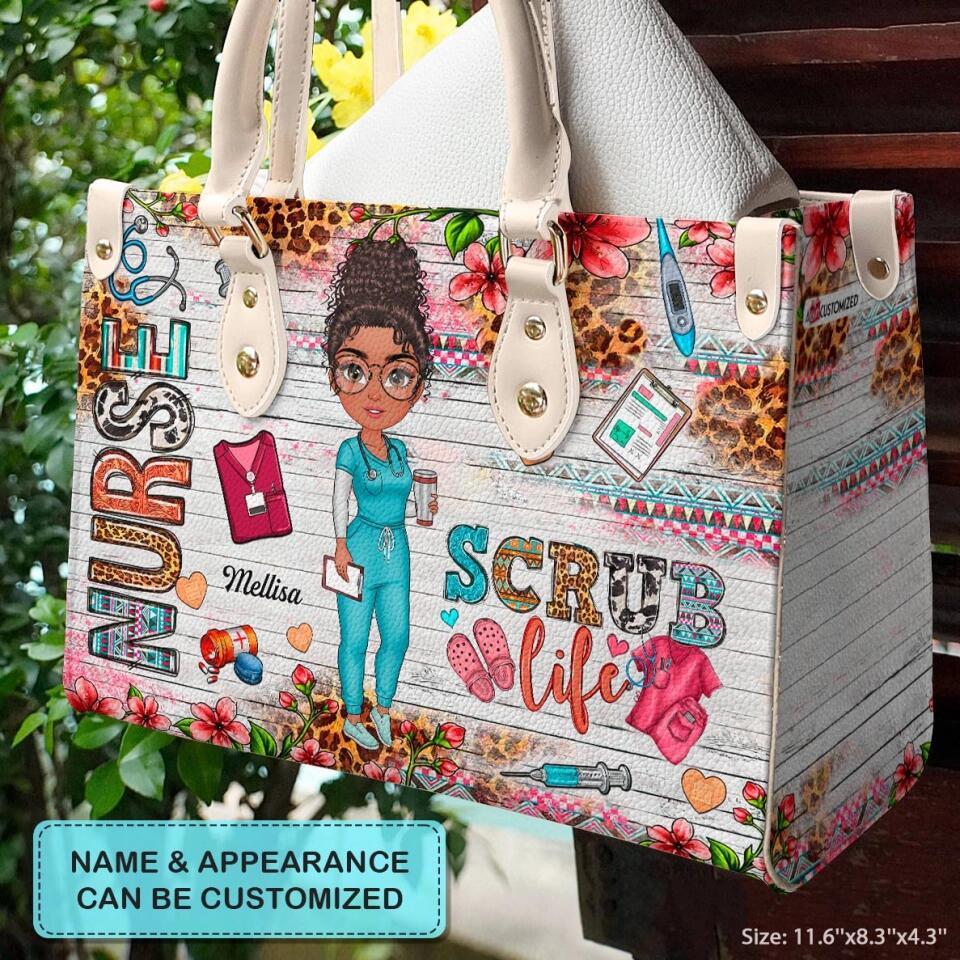 Personalized Leather Bag - Gift For Nurse - Coffee Scrubs & Rubber Gloves ARND0014