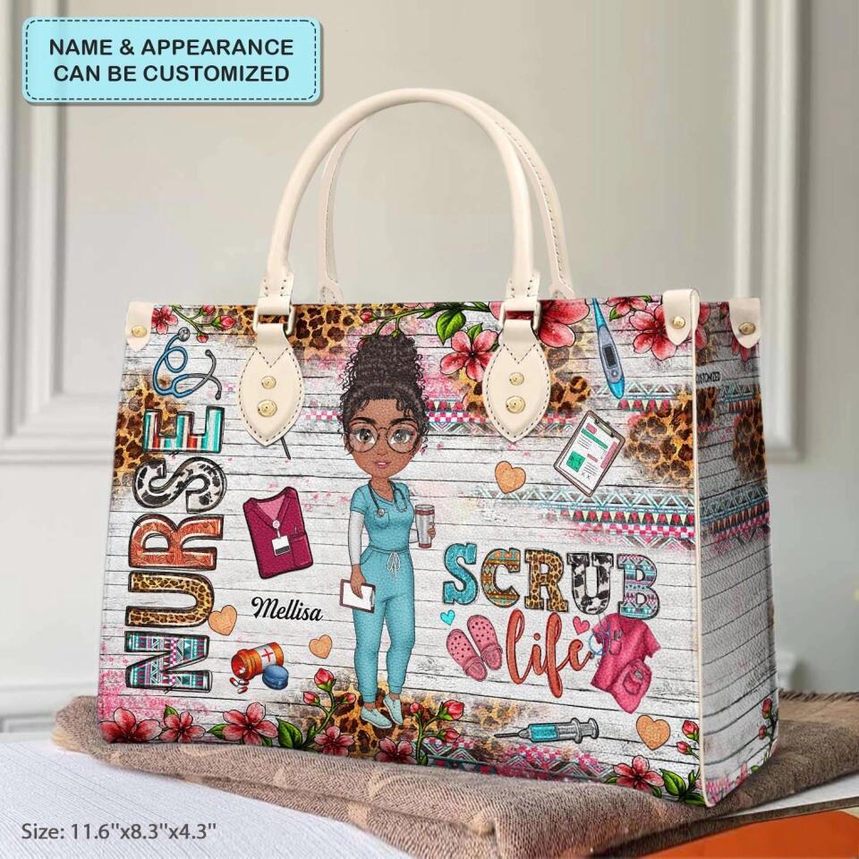 Personalized Leather Bag - Gift For Nurse - Coffee Scrubs & Rubber Gloves ARND0014