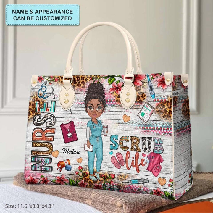 Personalized Leather Bag - Gift For Nurse - Coffee Scrubs & Rubber Gloves ARND0014