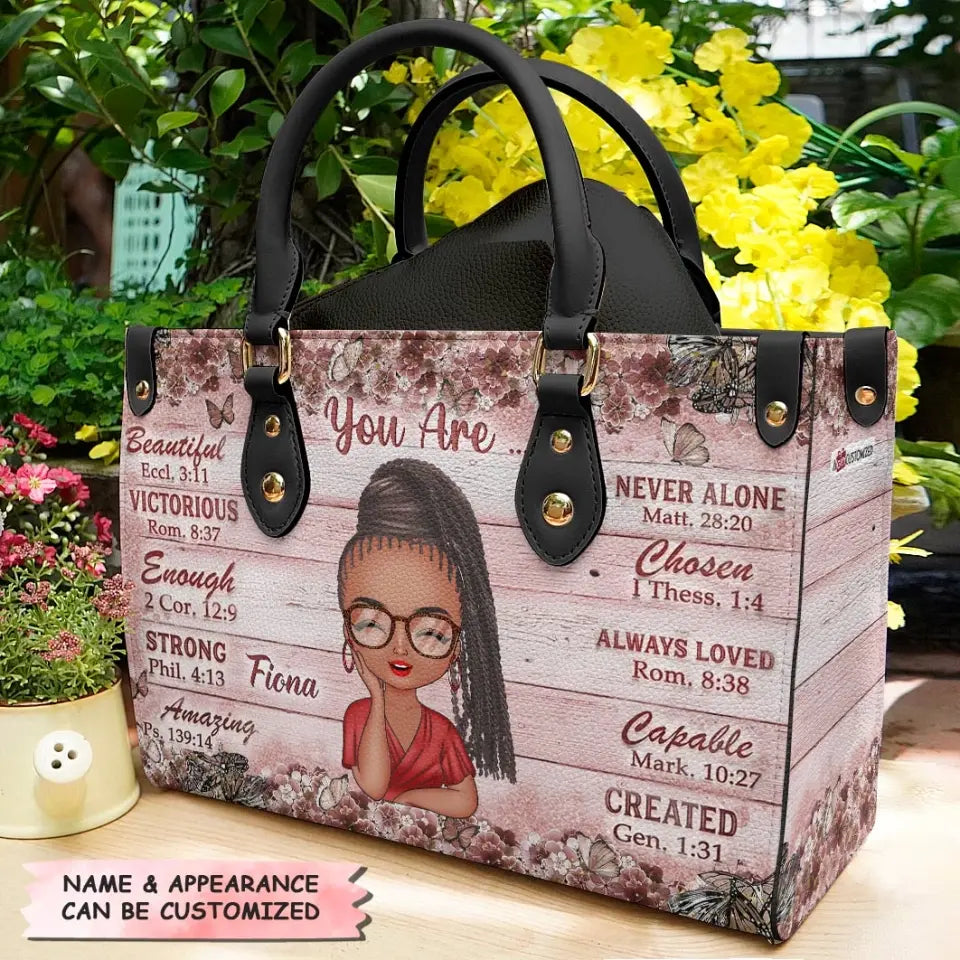 Personalized Leather Bag - Gift For Mom, Grandma - You Are Beautiful Victorious Enough Strong Jesus Bible ARND0014