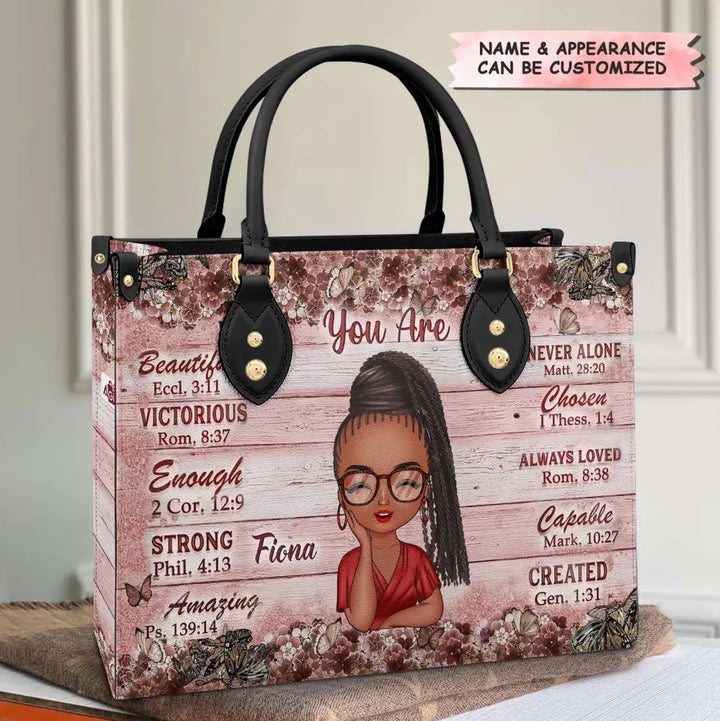 Personalized Leather Bag - Gift For Mom, Grandma - You Are Beautiful Victorious Enough Strong Jesus Bible ARND0014