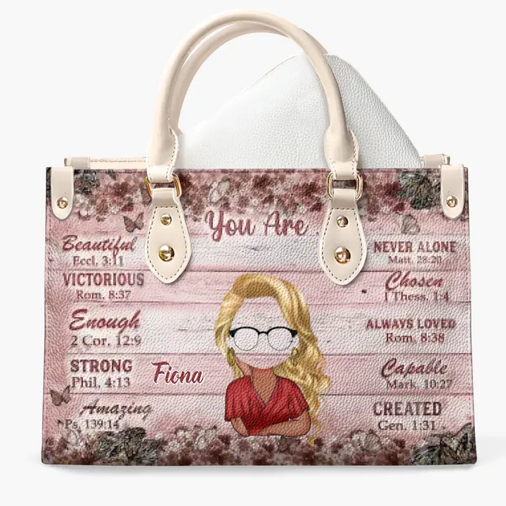 Personalized Leather Bag - Gift For Mom, Grandma - You Are Beautiful Victorious Enough Strong Jesus Bible ARND0014