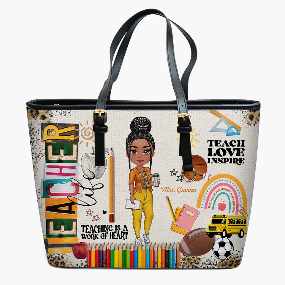 Personalized Custom Leather Bucket Bag - Teacher's Day, Birthday Gift For Teacher - Teaching Is A Work Of Heart