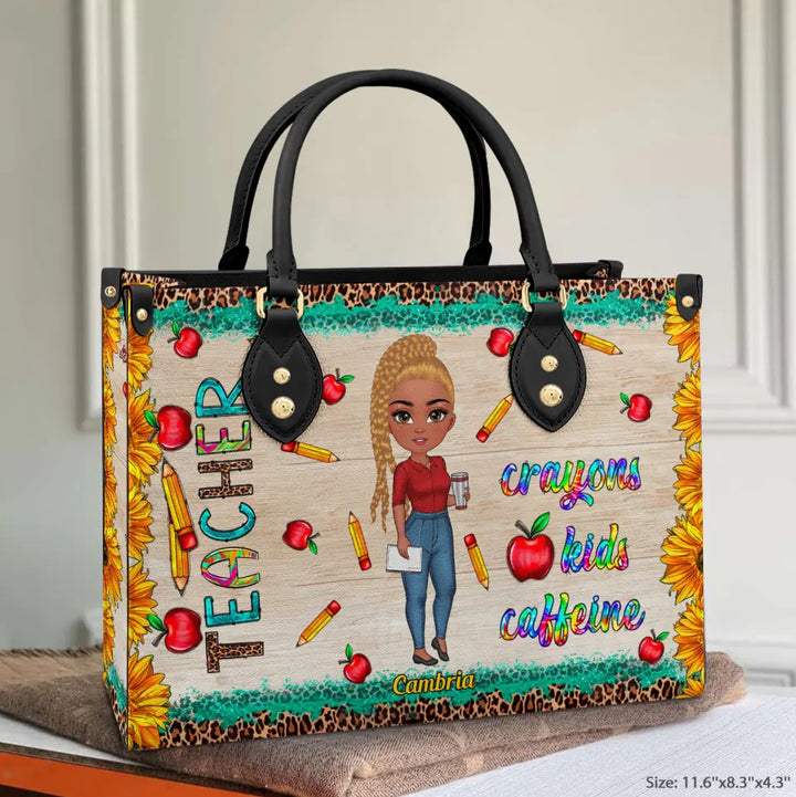 Personalized Custom Leather Bag - Birthday, Teacher's Day Gift For Teacher - Crayon Kids Caffeine