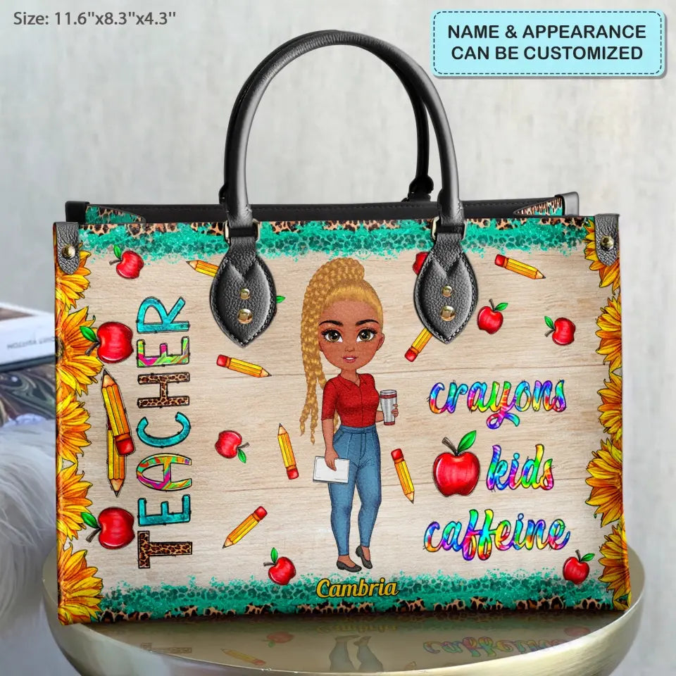 Personalized Custom Leather Bag - Birthday, Teacher's Day Gift For Teacher - Crayon Kids Caffeine