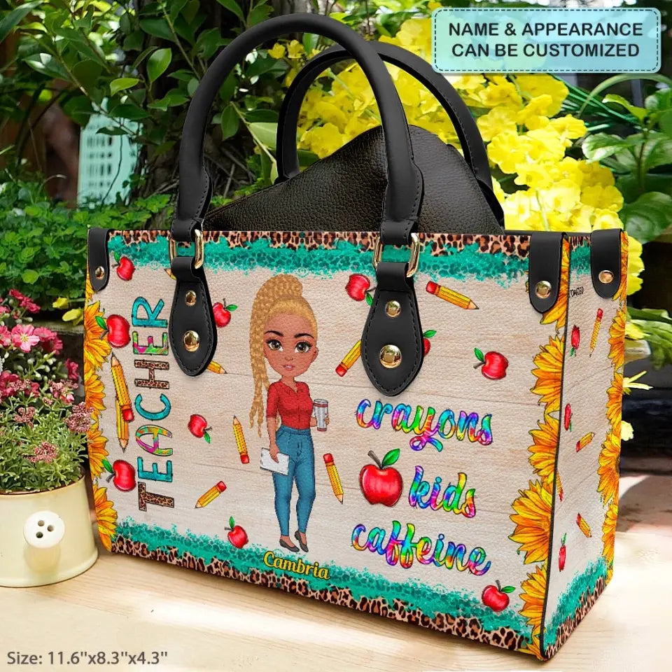 Personalized Custom Leather Bag - Birthday, Teacher's Day Gift For Teacher - Crayon Kids Caffeine