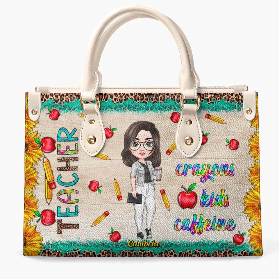 Personalized Custom Leather Bag - Birthday, Teacher's Day Gift For Teacher - Crayon Kids Caffeine