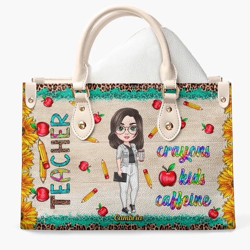 Personalized Custom Leather Bag - Birthday, Teacher's Day Gift For Teacher - Crayon Kids Caffeine