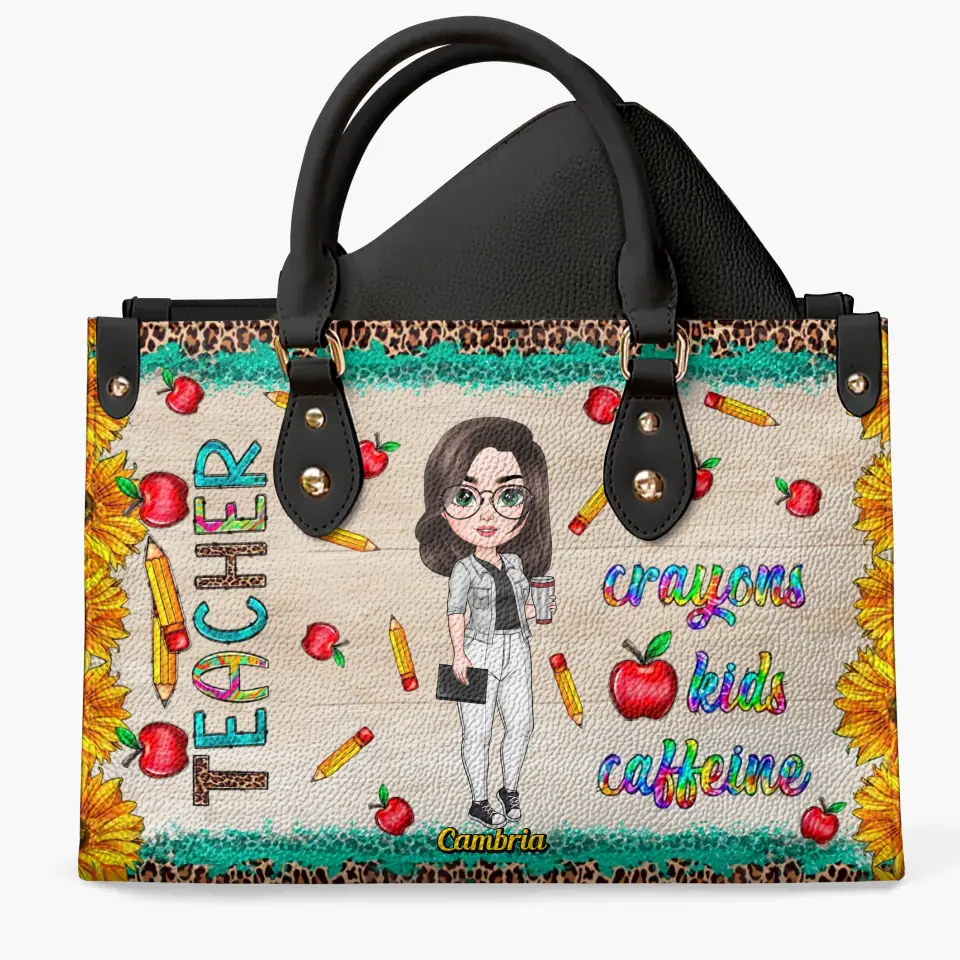 Personalized Custom Leather Bag - Birthday, Teacher's Day Gift For Teacher - Crayon Kids Caffeine