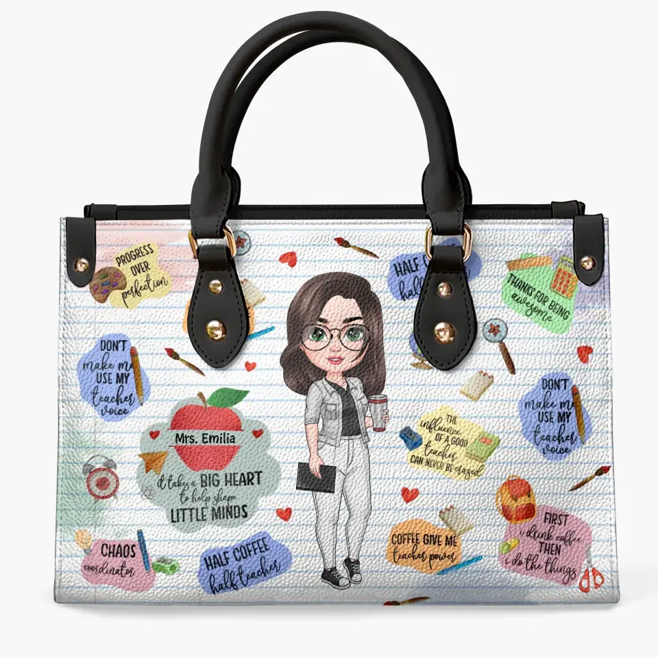 Personalized Custom Leather Bag - Teacher's Day, Birthday Gift For Teacher - Coffee Gives Me Teacher Power