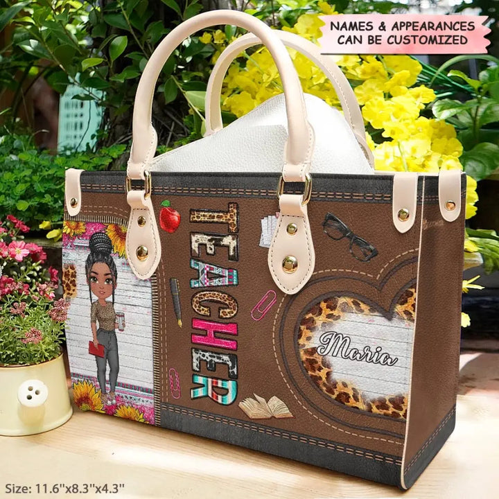 Personalized Custom Leather Bag - Teacher's Day, Birthday Gift For Teacher - Teacher Sunflower