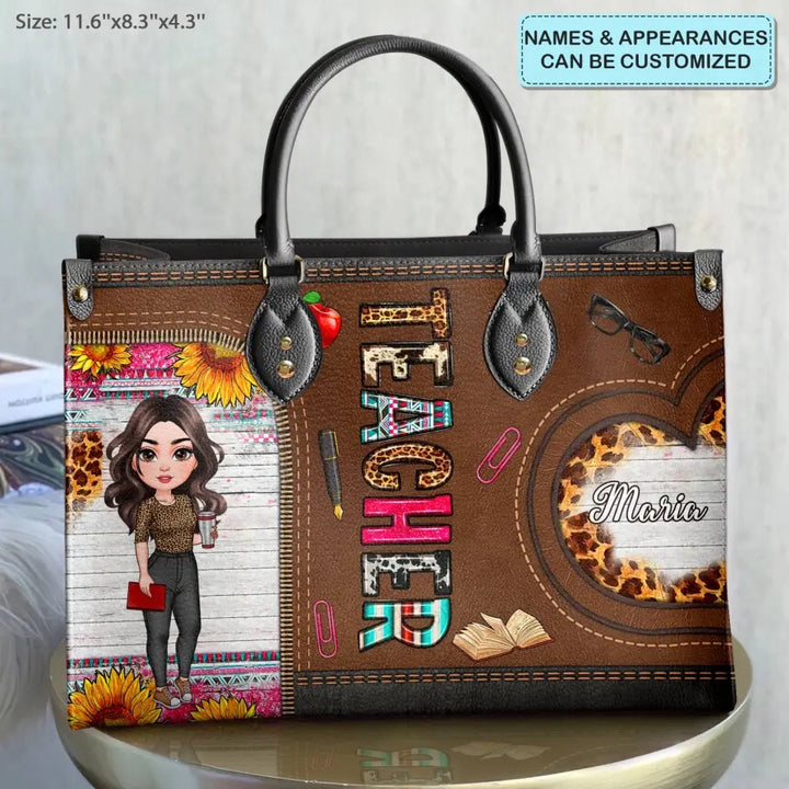 Personalized Custom Leather Bag - Teacher's Day, Birthday Gift For Teacher - Teacher Sunflower
