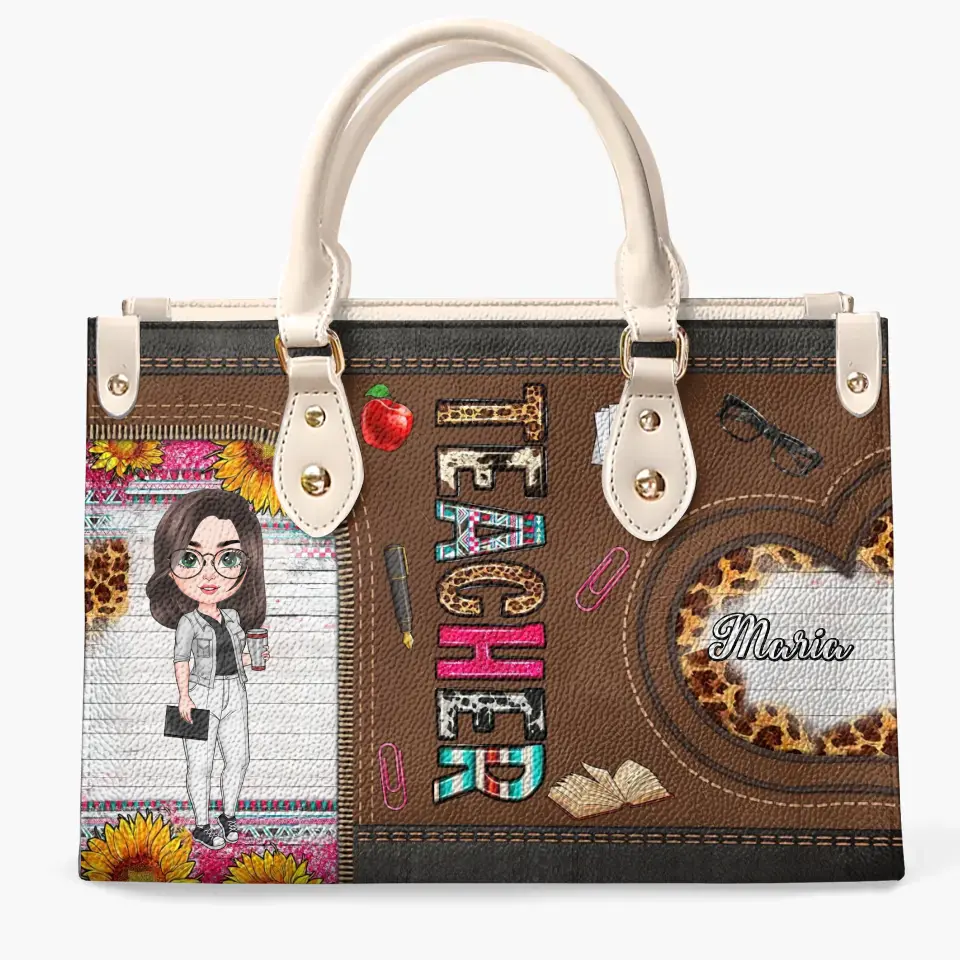 Personalized Custom Leather Bag - Teacher's Day, Birthday Gift For Teacher - Teacher Sunflower