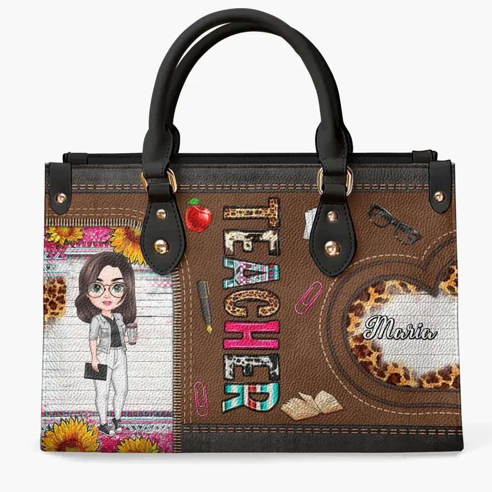 Personalized Custom Leather Bag - Teacher's Day, Birthday Gift For Teacher - Teacher Sunflower