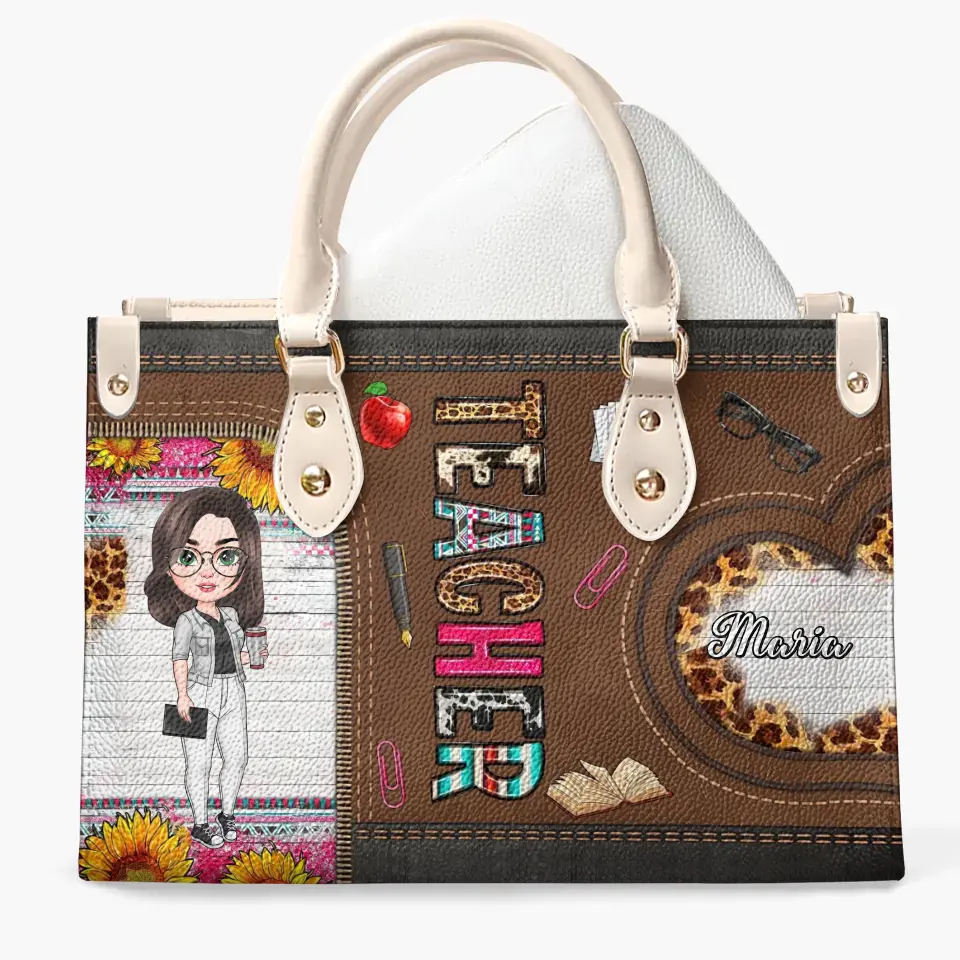 Personalized Custom Leather Bag - Teacher's Day, Birthday Gift For Teacher - Teacher Sunflower