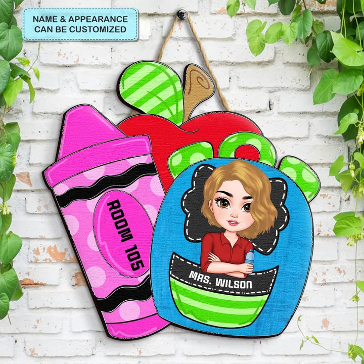 Personalized Custom Door Sign - Teacher's Day, Appreciation Gift For Teacher - Colorful Crayon Apple Door Sign
