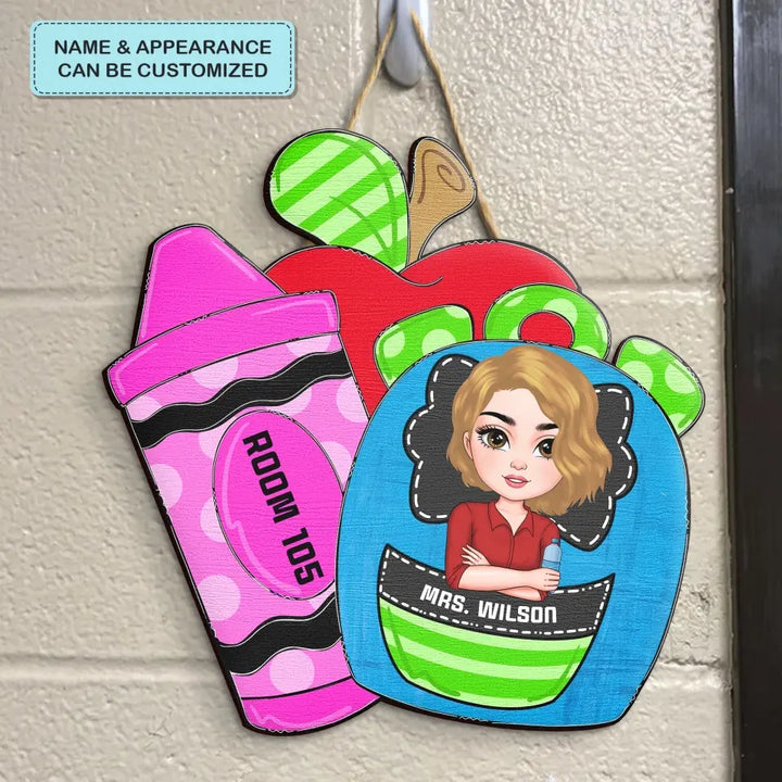 Personalized Custom Door Sign - Teacher's Day, Appreciation Gift For Teacher - Colorful Crayon Apple Door Sign