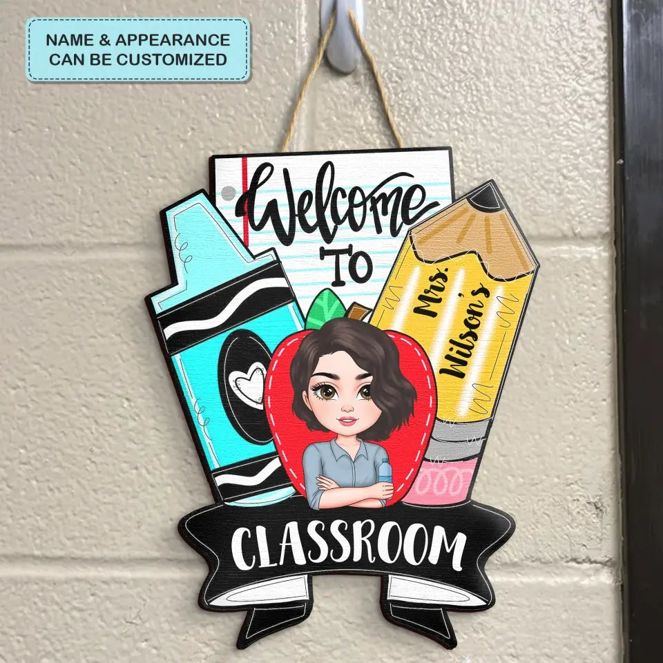 Personalized Custom Door Sign - Teacher's Day, Appreciation Gift For Teacher - Colorful Crayon Teacher Door Sign
