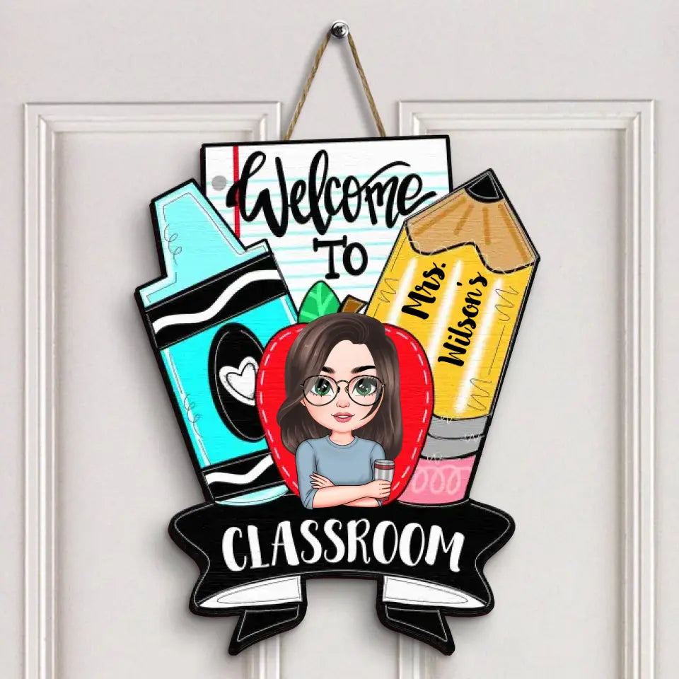Personalized Custom Door Sign - Teacher's Day, Appreciation Gift For Teacher - Colorful Crayon Teacher Door Sign