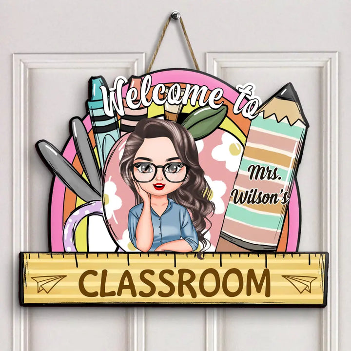 Personalized Custom Door Sign - Teacher's Day, Appreciation Gift For Teacher - Welcome To Classroom Floral Apple
