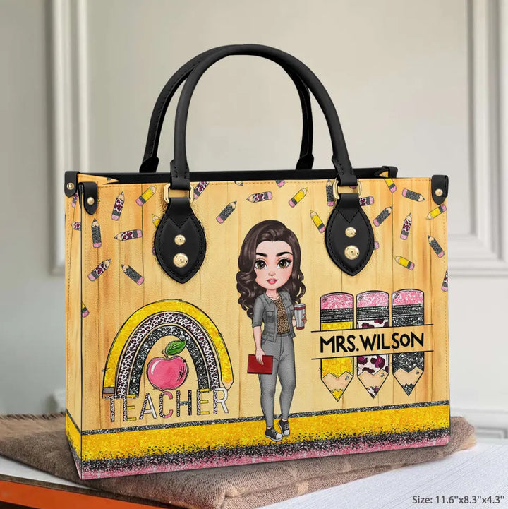 Personalized Custom Leather Bag - Teacher's Day, Appreciation Gift For Teacher - Teacher Rainbow Apple