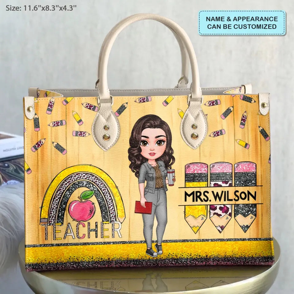 Personalized Custom Leather Bag - Teacher's Day, Appreciation Gift For Teacher - Teacher Rainbow Apple