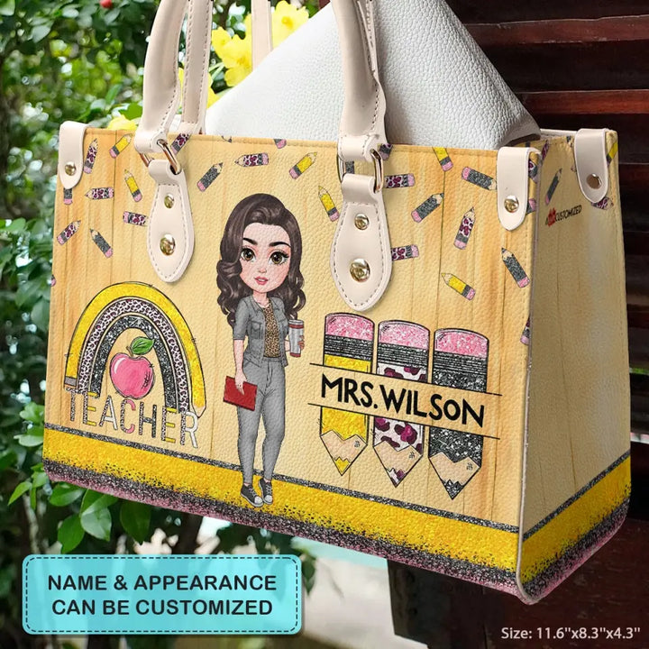 Personalized Custom Leather Bag - Teacher's Day, Appreciation Gift For Teacher - Teacher Rainbow Apple