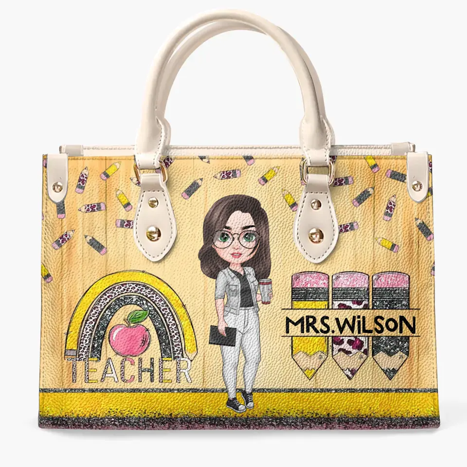 Personalized Custom Leather Bag - Teacher's Day, Appreciation Gift For Teacher - Teacher Rainbow Apple