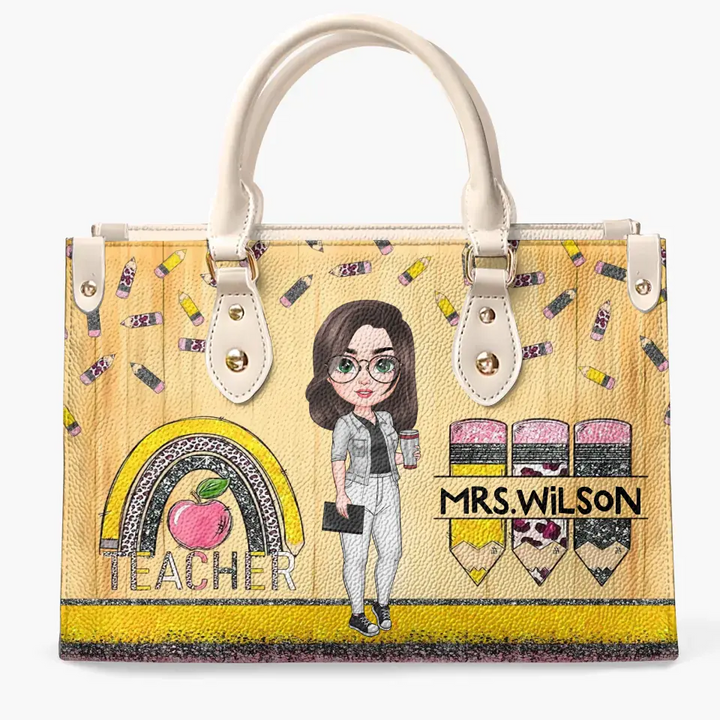 Personalized Custom Leather Bag - Teacher's Day, Appreciation Gift For Teacher - Teacher Rainbow Apple