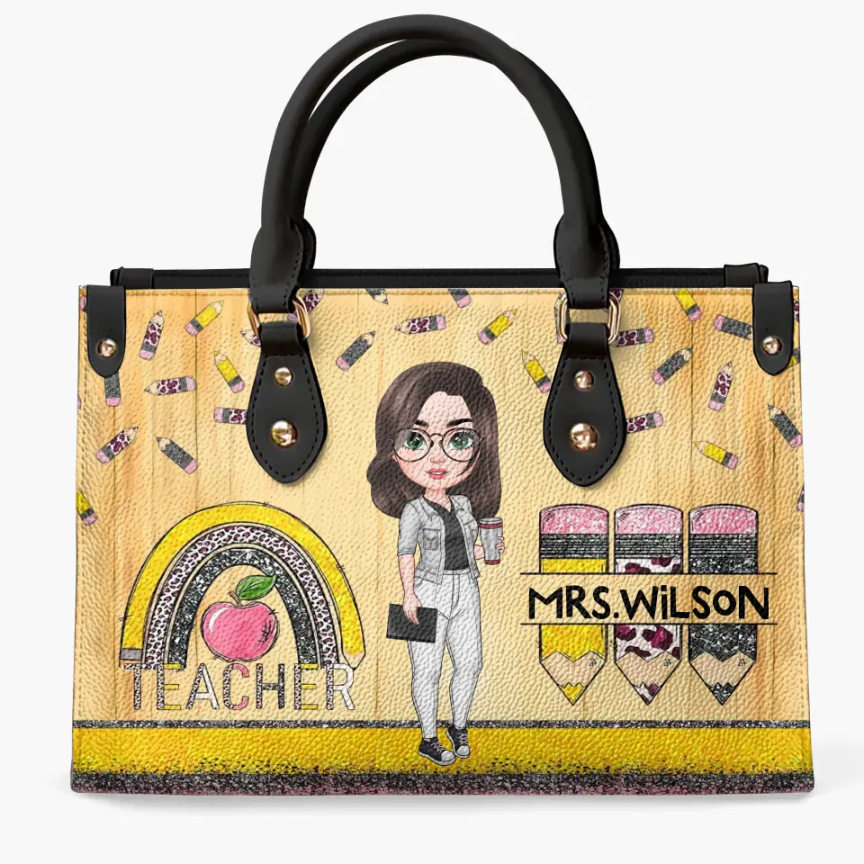Personalized Custom Leather Bag - Teacher's Day, Appreciation Gift For Teacher - Teacher Rainbow Apple