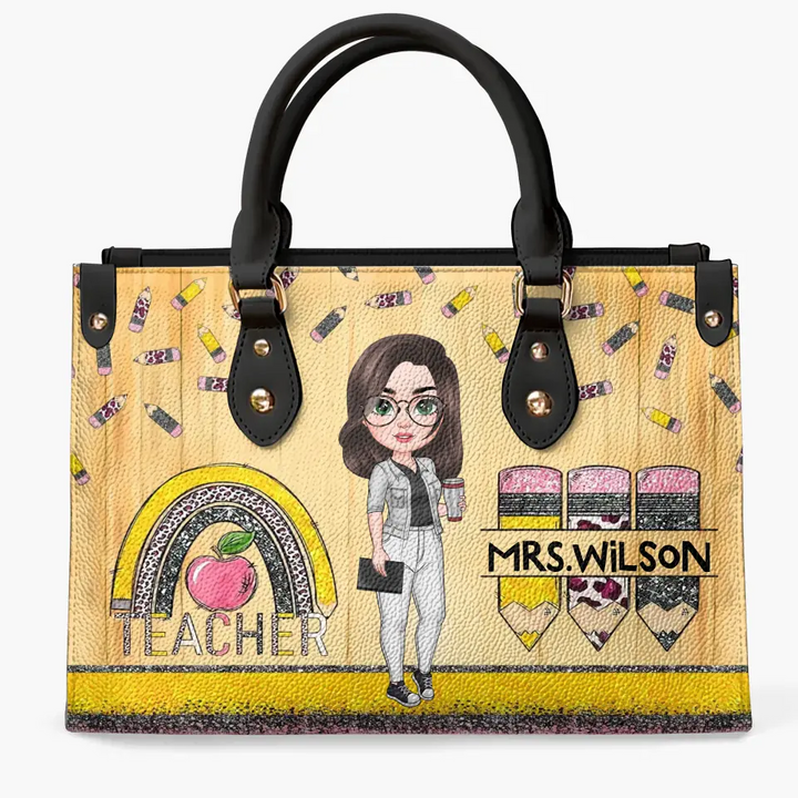 Personalized Custom Leather Bag - Teacher's Day, Appreciation Gift For Teacher - Teacher Rainbow Apple